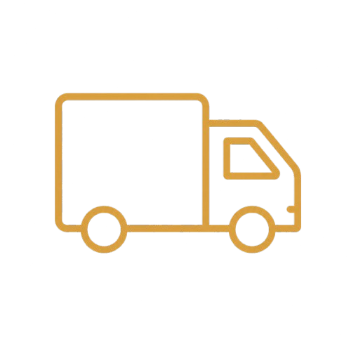 A stylized truck icon with a gold outline, blue cargo area, and red and black wheels.