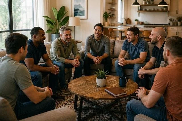 Group of seven men sitting around a coffee table, engaging in conversation in a cozy living room.