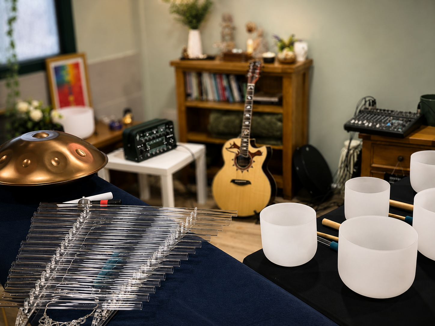 Musical instruments and equipment in a room, including a handpan, glass crystal singing bowls, a guitar, and various audio devices.
