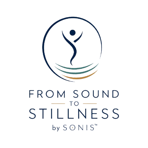 Logo with a stylized human figure inside a circle, with waves below, and the text 'From Sound to Stillness by Sonis'.