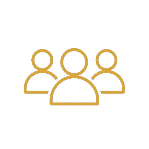 Icon of three gold outlines of people on a black background.
