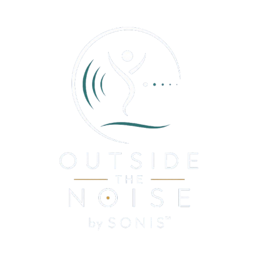 Logo for Outside the Noise by SONIS, featuring a stylized figure with arms raised inside a circle, with sound waves and dotted lines, on a black background.