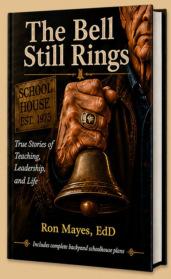 Cover of a book titled 'The Bell Still Rings' by Ron Mayes, EdD, featuring a hand holding a school bell with a ring on the finger, and a sign with 'School House Est. 1975' in the background.