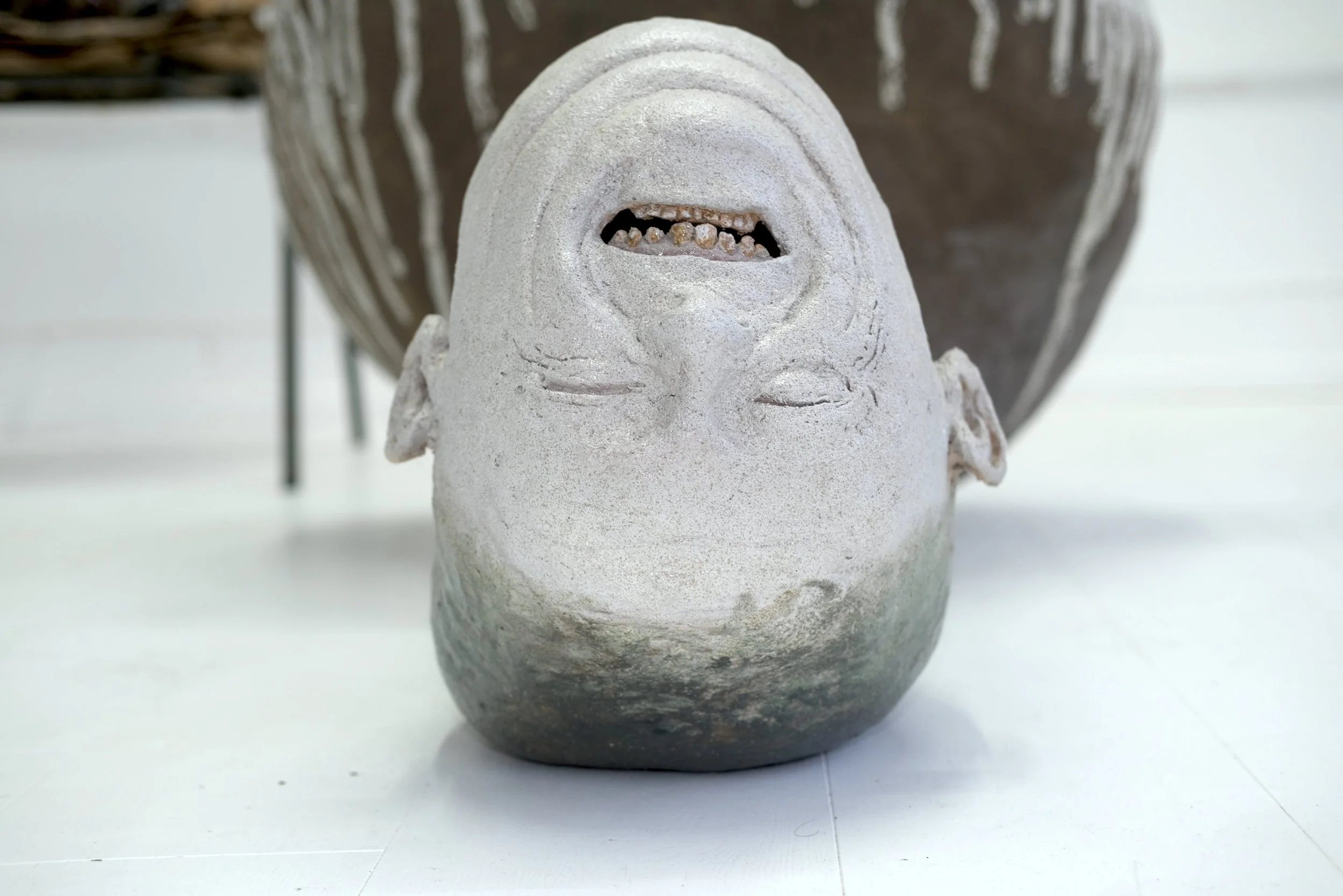 Simon Bedwell ceramic head, close up of sculpture at Darren Flook Gallery