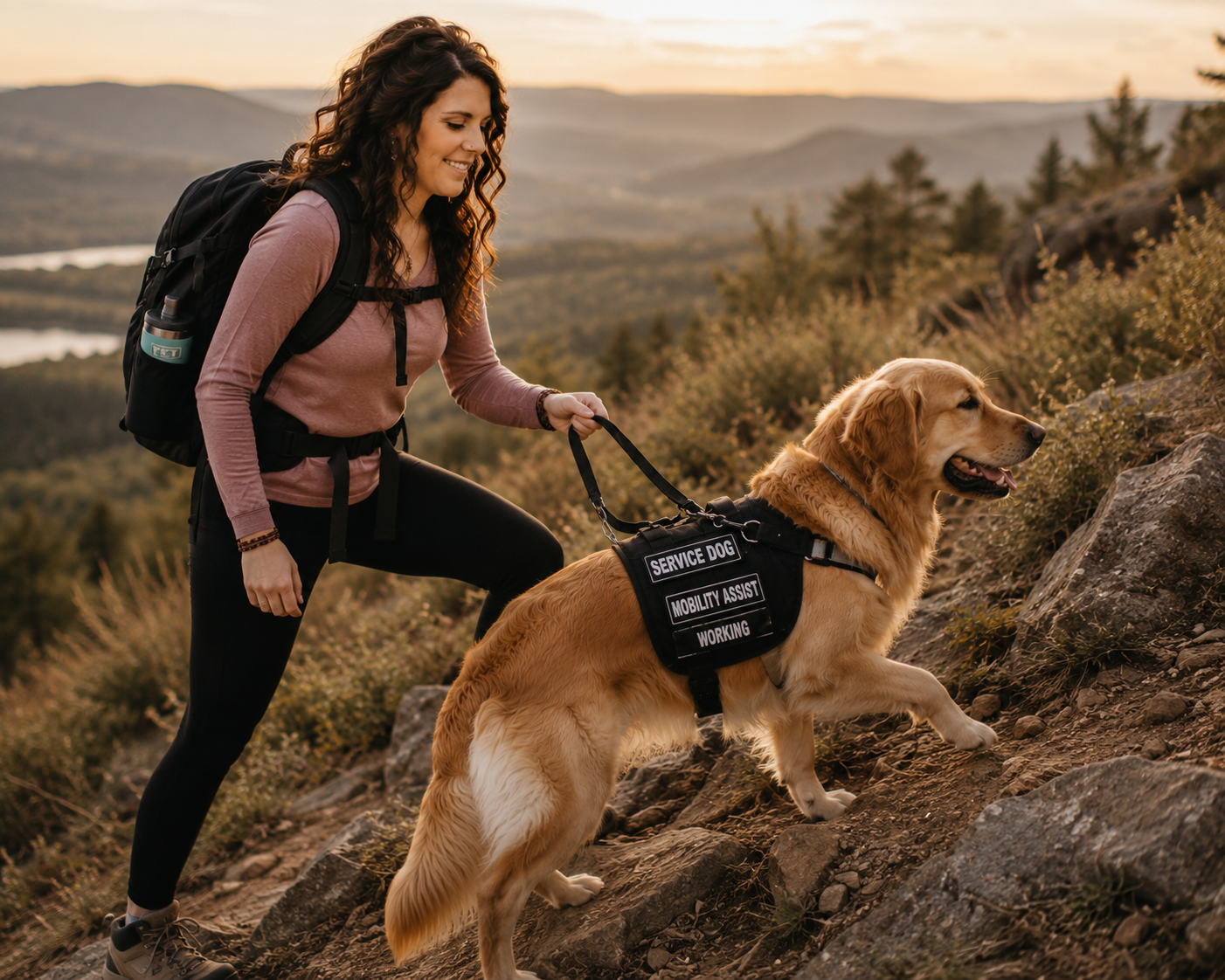 A woman hiking outdoors at sunset, assisting her service dog, a golden retriever, as they climb a rocky trail. The service dog wears a vest labeled 'Service Dog, Mobility Assist, Working'.