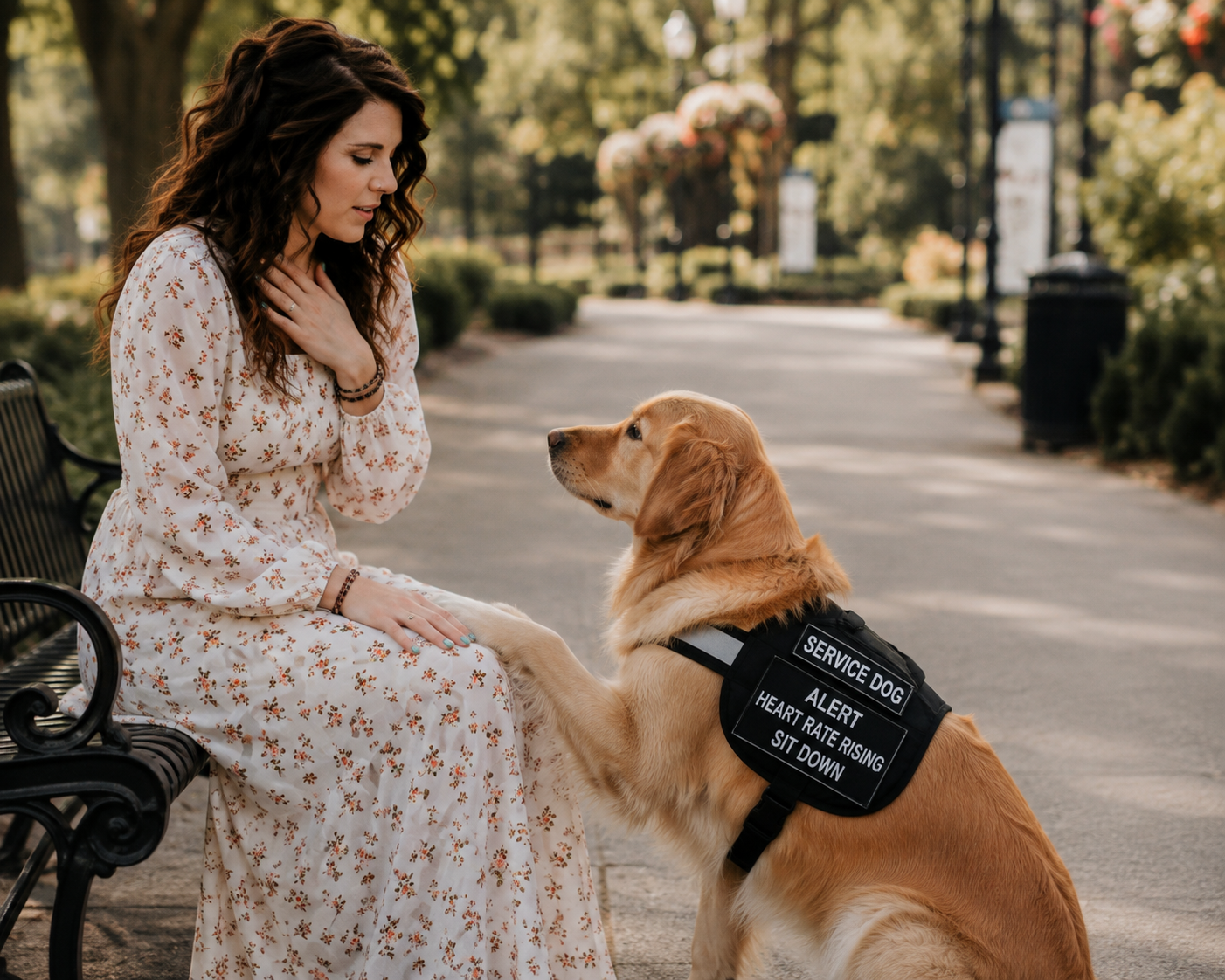 A woman sitting on a park bench, touching her chest, looking at a service dog sitting in front of her. The service dog is a golden retriever with a vest labeled 'SERVICE DOG, ALERT, HEART RATE RISING, SIT DOWN'. The scene is outdoors with trees and a pathway in the background.