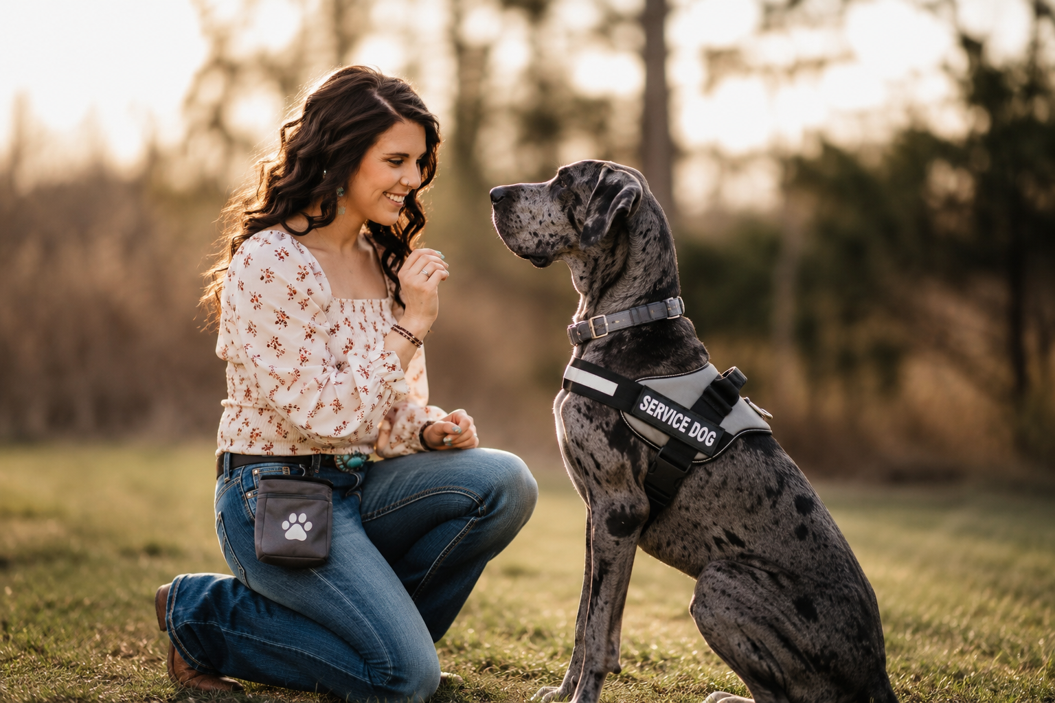 A woman kneeling on grass, smiling at a service dog, a Great Dane, in an outdoor setting during sunset.