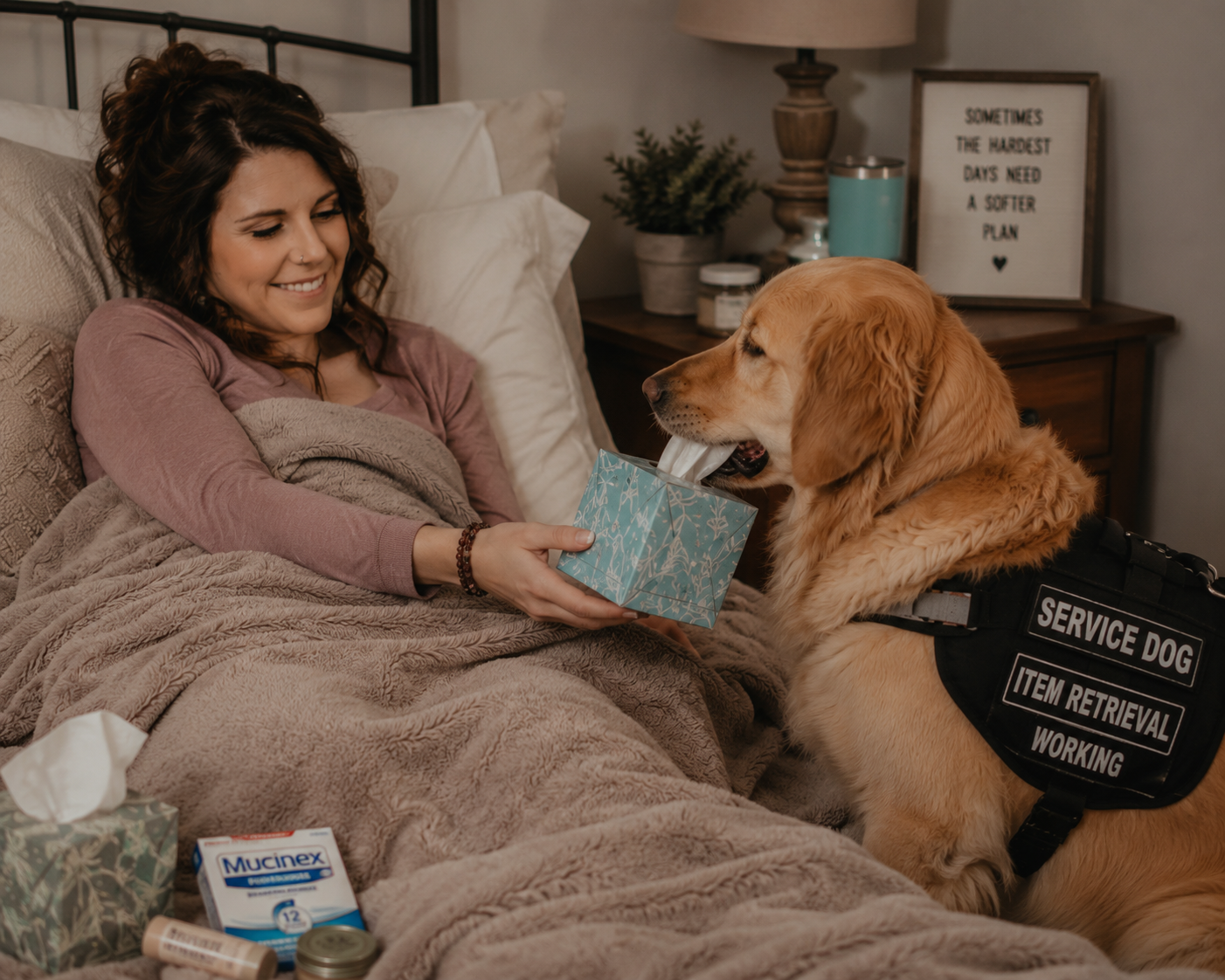 A woman lying in bed with a service dog presenting her with a gift box, in a cozy bedroom setting.