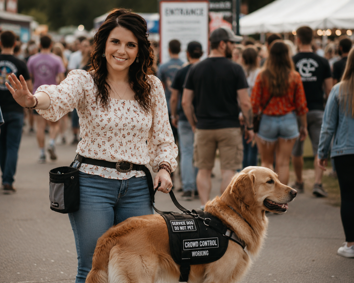 A smiling woman waving at the camera with a service dog on a leash beside her at an outdoor event with many people in the background.