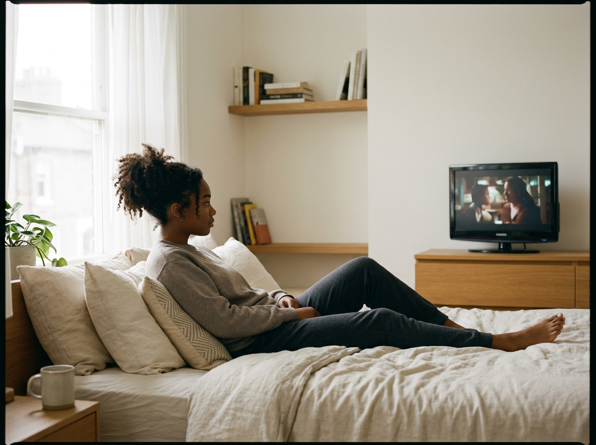 A woman sitting on a bed watching television in a well-lit bedroom.