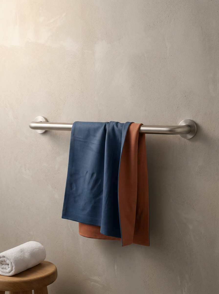 A metal towel bar mounted on a beige wall holding two towels, one blue and one brown, with a white rolled towel on a small wooden stool beside it.