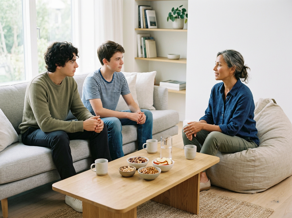 A woman and two teenagers sitting on a couch having a conversation in a living room, with a coffee table in front of them holding snacks and cups.