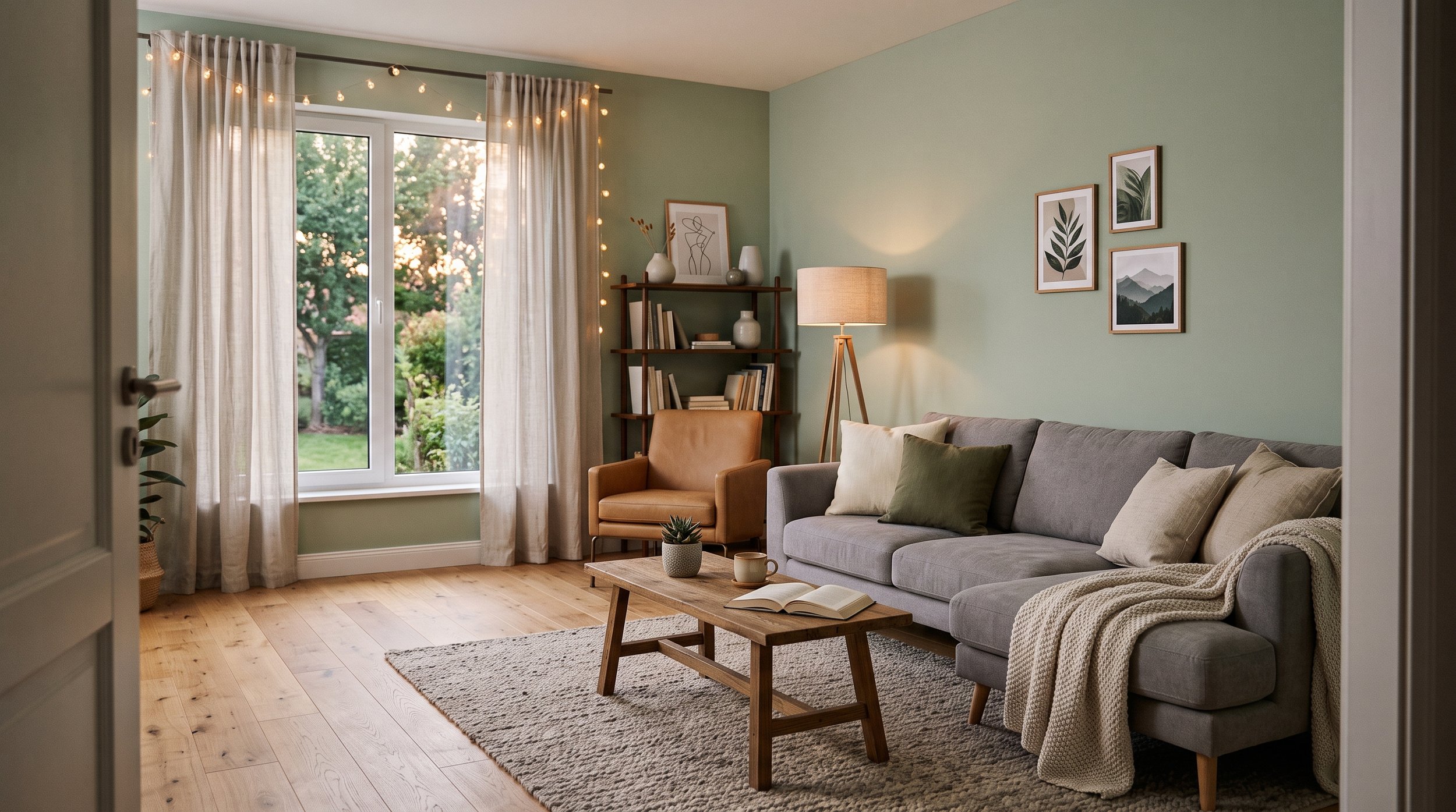 Living room with a gray sofa, beige and green pillows, a wooden coffee table with an open book and cups, an armchair, a bookshelf with decorative items, a floor lamp, and artwork of leaves and mountains on the light green wall, with a window showing trees outside.