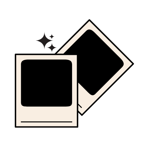 Stylized illustration of two Polaroid photos, one overlapping the other, with sparkles around them.