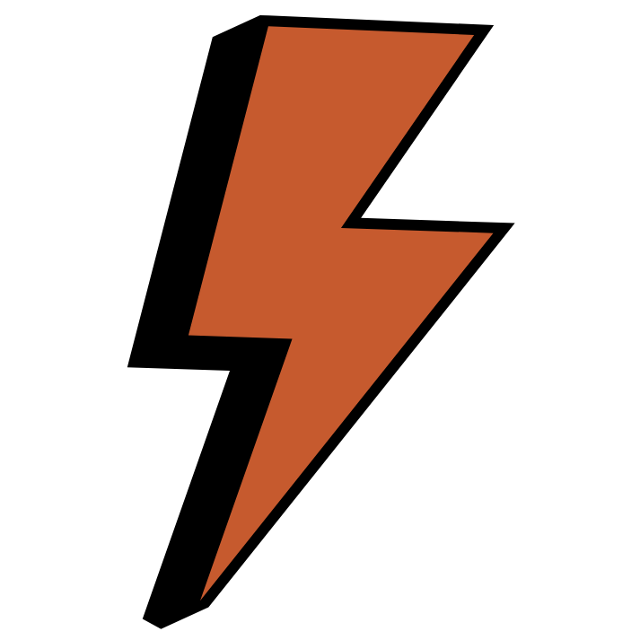 A stylized orange lightning bolt with black and white outline.