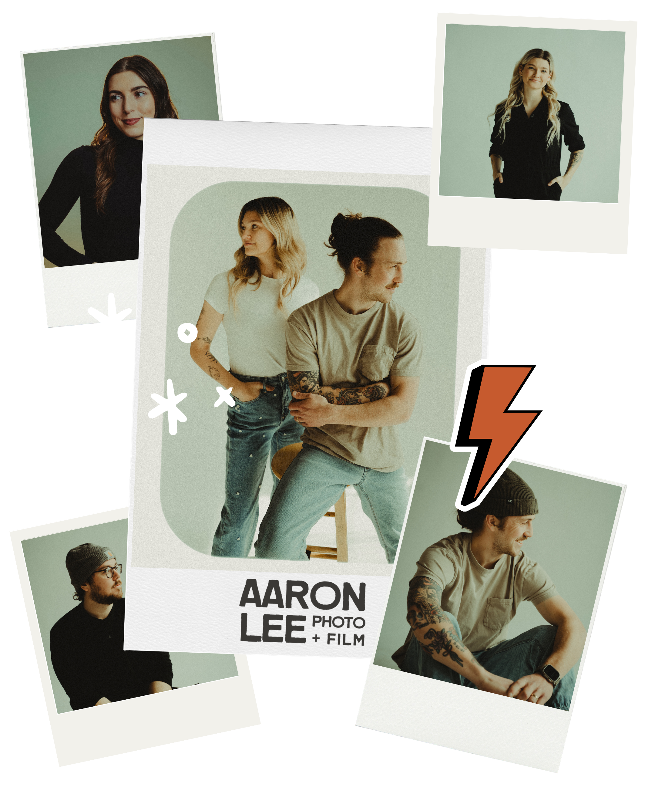 Collage of five portraits of a woman and a man in casual clothing against a green background, with stickers and text overlay, including the words "Aaron Lee" and "photo + film".