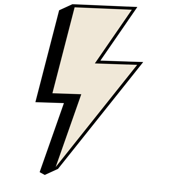 A graphic illustration of a lightning bolt with a black outline on a black background.