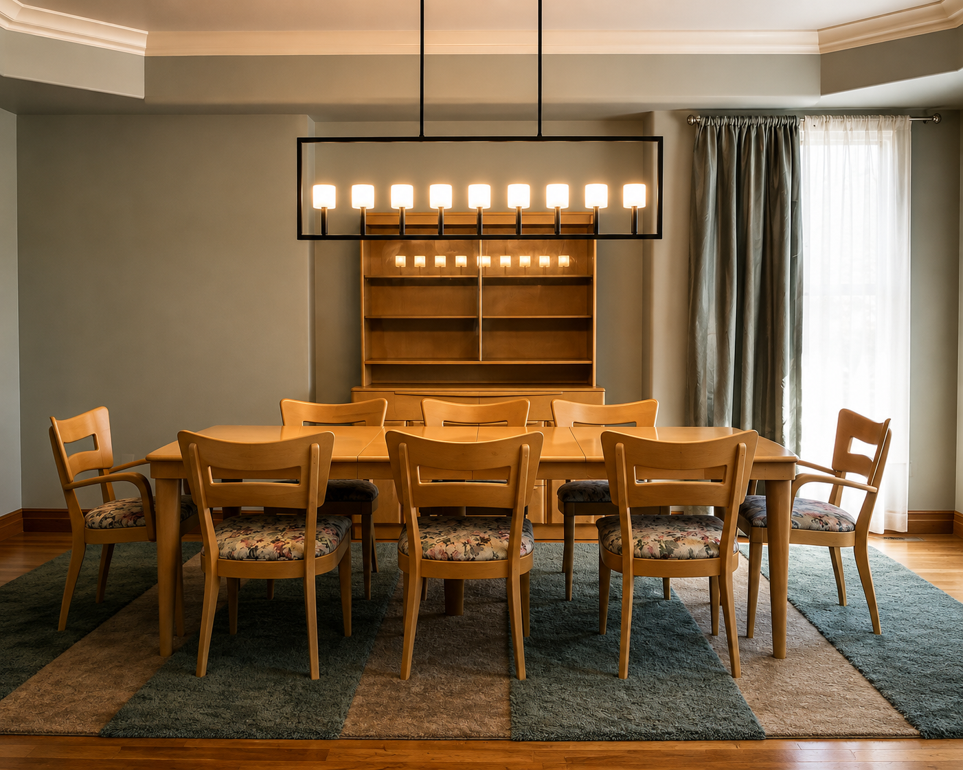 Restored and refinished wood dining table and chair collection in a Denver home.