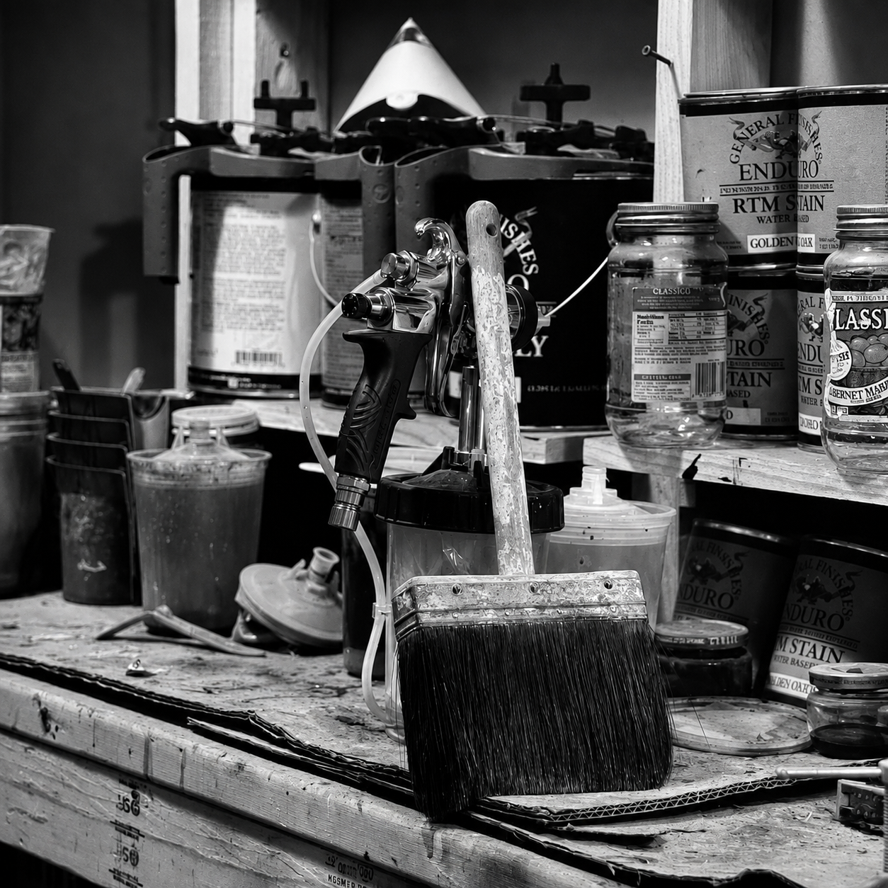 Workbench, brushes and finishing tools inside the Kunicki Restoration workshop in Denver.