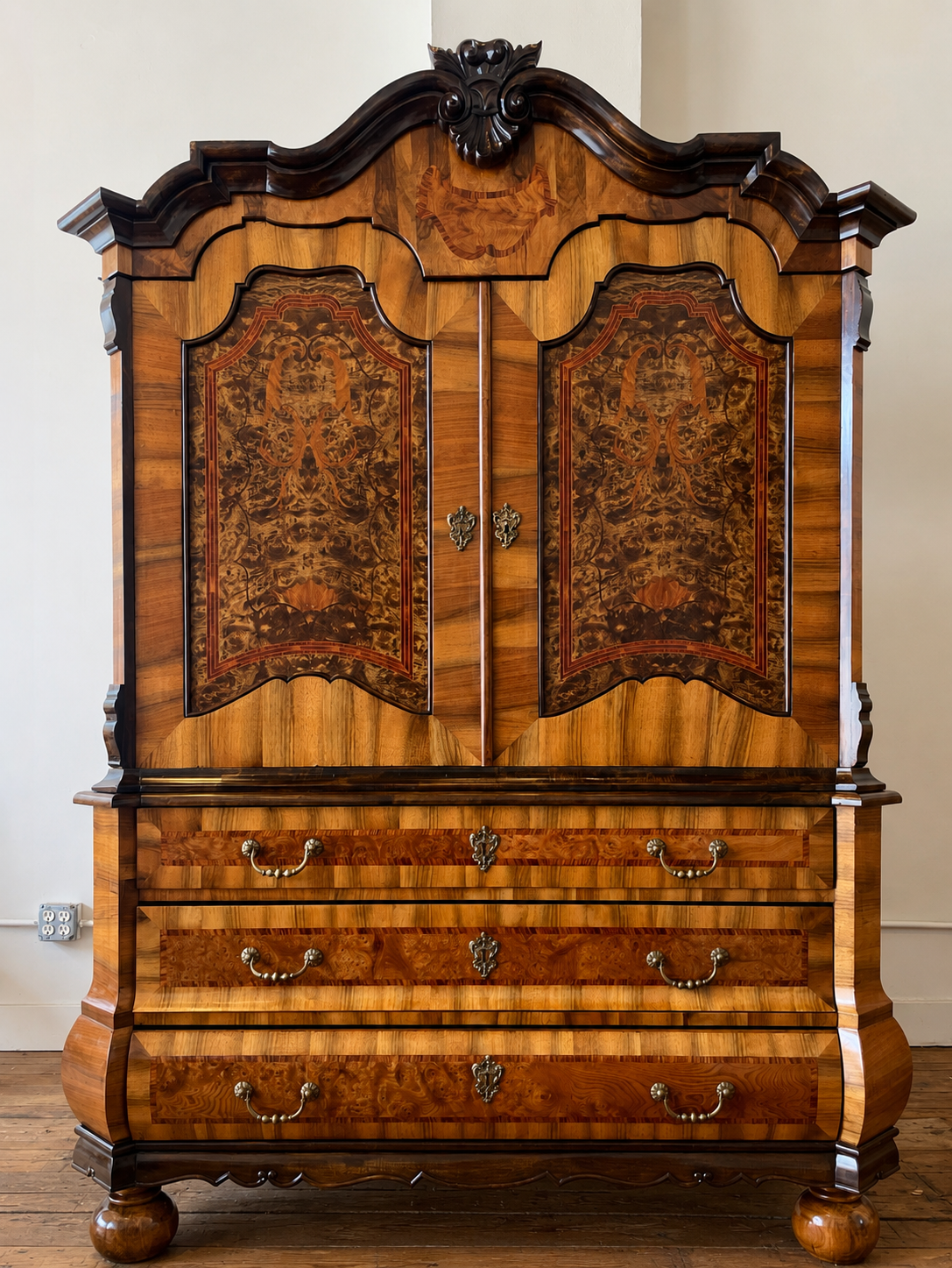 Ornate antique marquetry cabinet restored with careful preservation of its decorative veneer and original character.