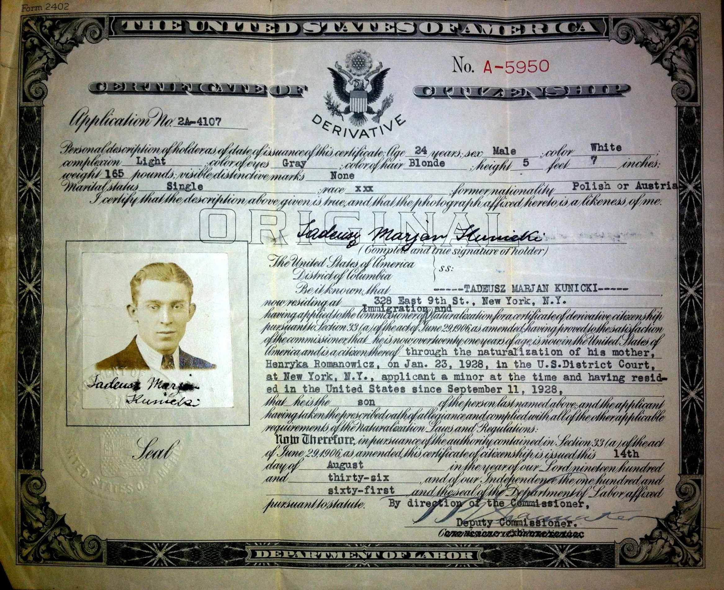 Naturalization certificate of Tadeusz Marjan Kunicki, grandfather of Chris Kunicki.