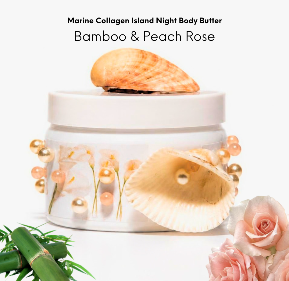 Container of Marine Collagen Island Night Body Butter with bamboo, seashells, pearls, and pink roses decor.