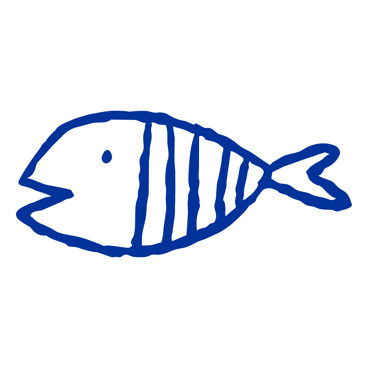 A simple blue stick figure drawing of a fish with vertical lines on its body.