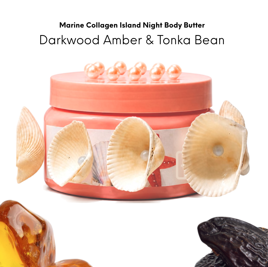 A pink container of Marine Collagen Island Night Body Butter with a label featuring an ocean-themed design and the text "Darkwood Amber & Tonka Bean." The container is surrounded by seashells and a piece of amber.