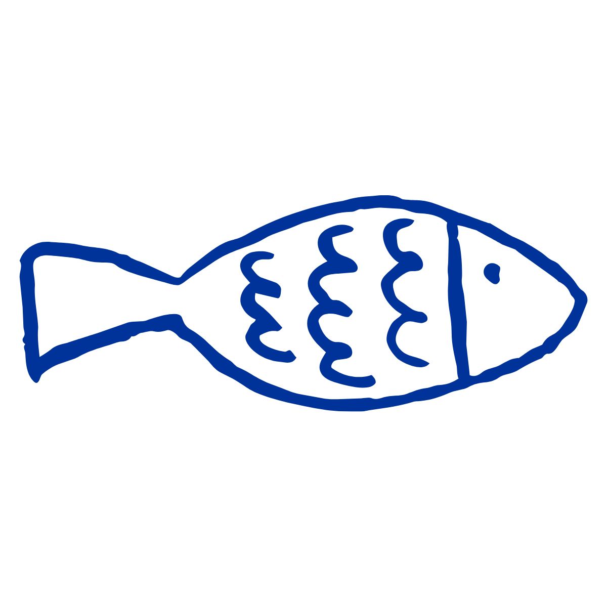 Simple drawing of a fish in blue outline with fins and tail.