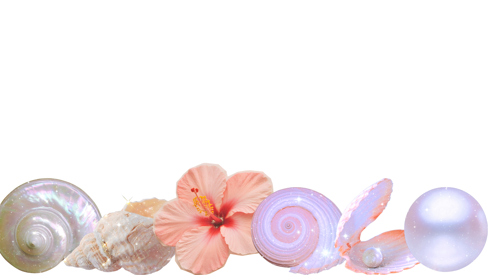 A collage of iridescent seashells, a pink hibiscus flower, and glowing orbs on a black background.