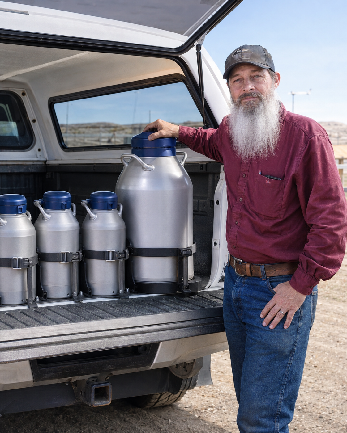 Neal Butler organizing secured liquid nitrogen dewars in the C & S Genetics delivery truck.