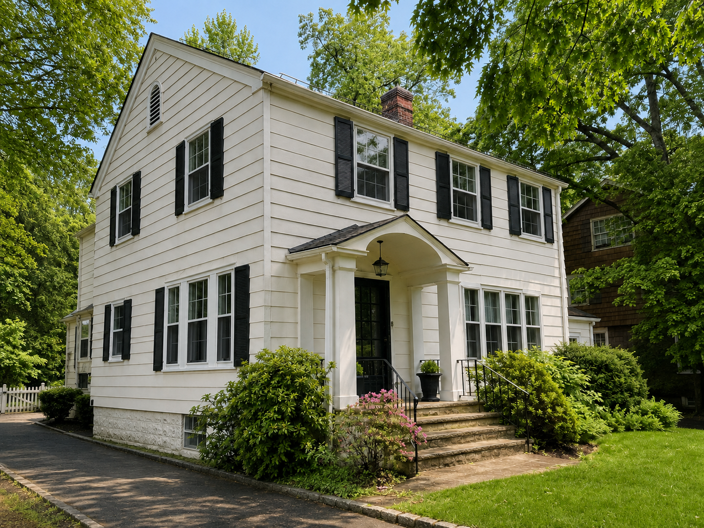 White two-story home with black shutters, a black front door, a covered entry, and landscaped surroundings.
