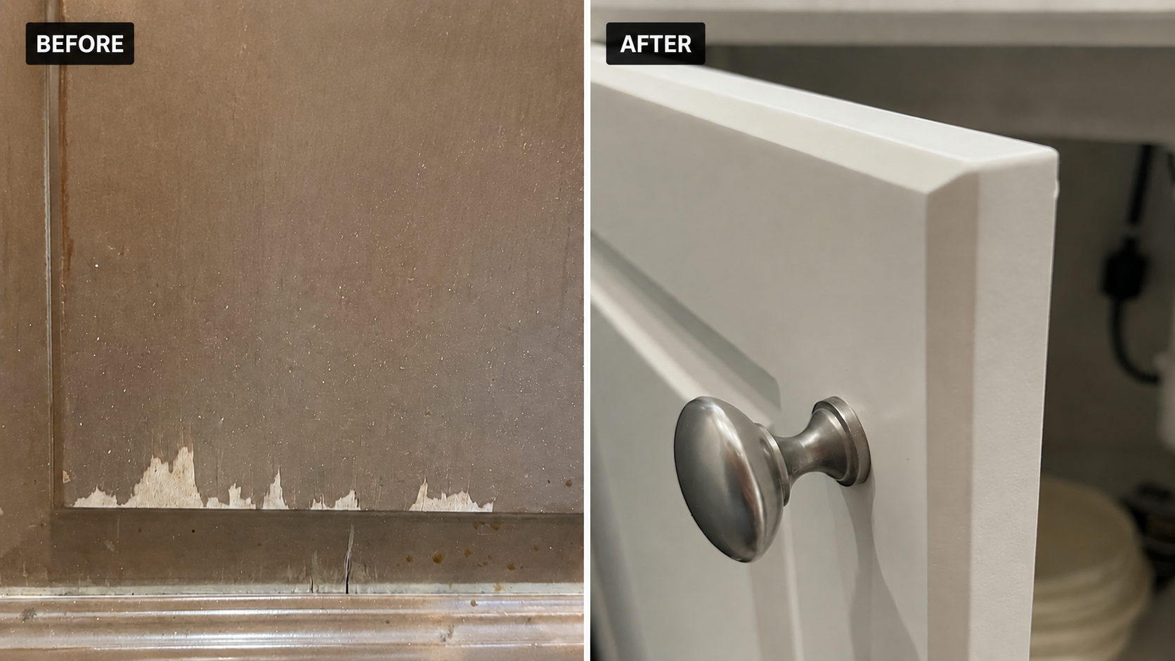 Before-and-after cabinet refinishing comparison showing a worn brown finish beside a smooth white finish with a metal knob.