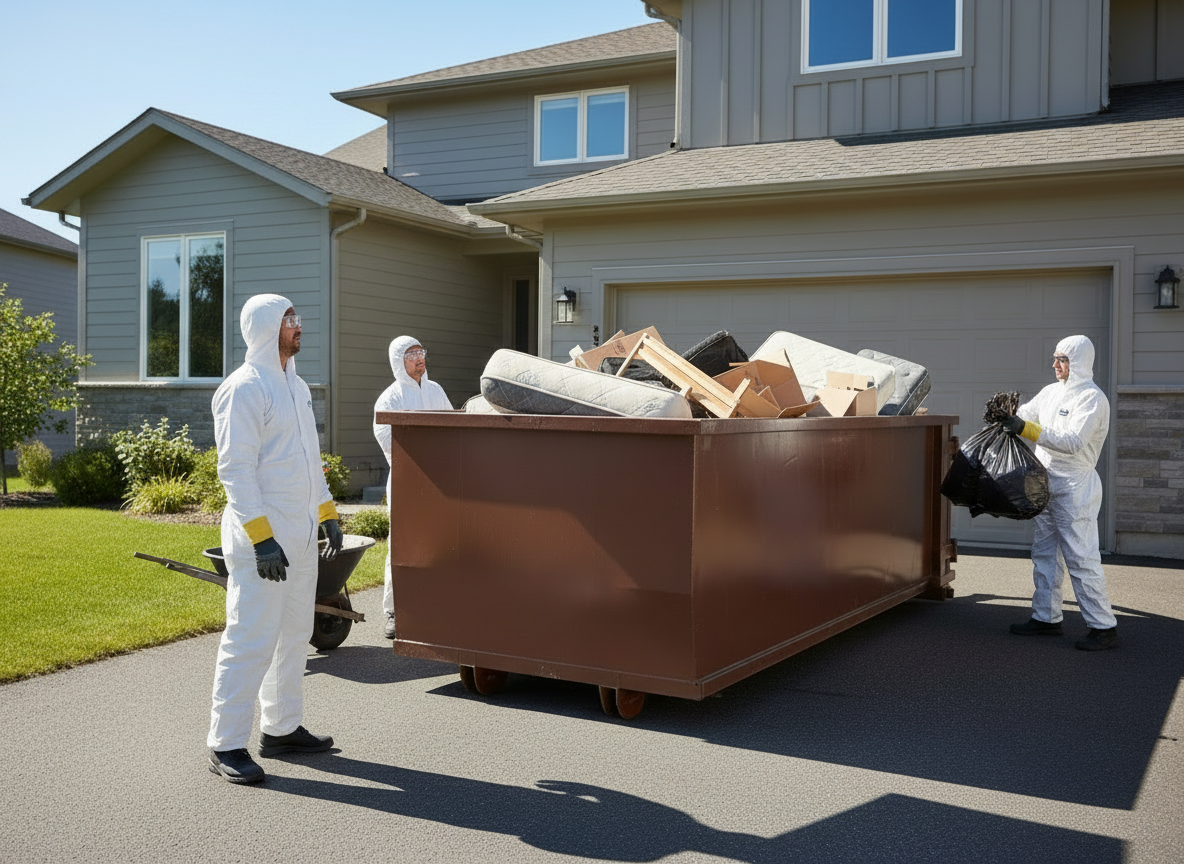 Four people in white protective suits and gloves removing trash and debris, including furniture, from a house and placing it into a large brown dumpster outside a residential home.