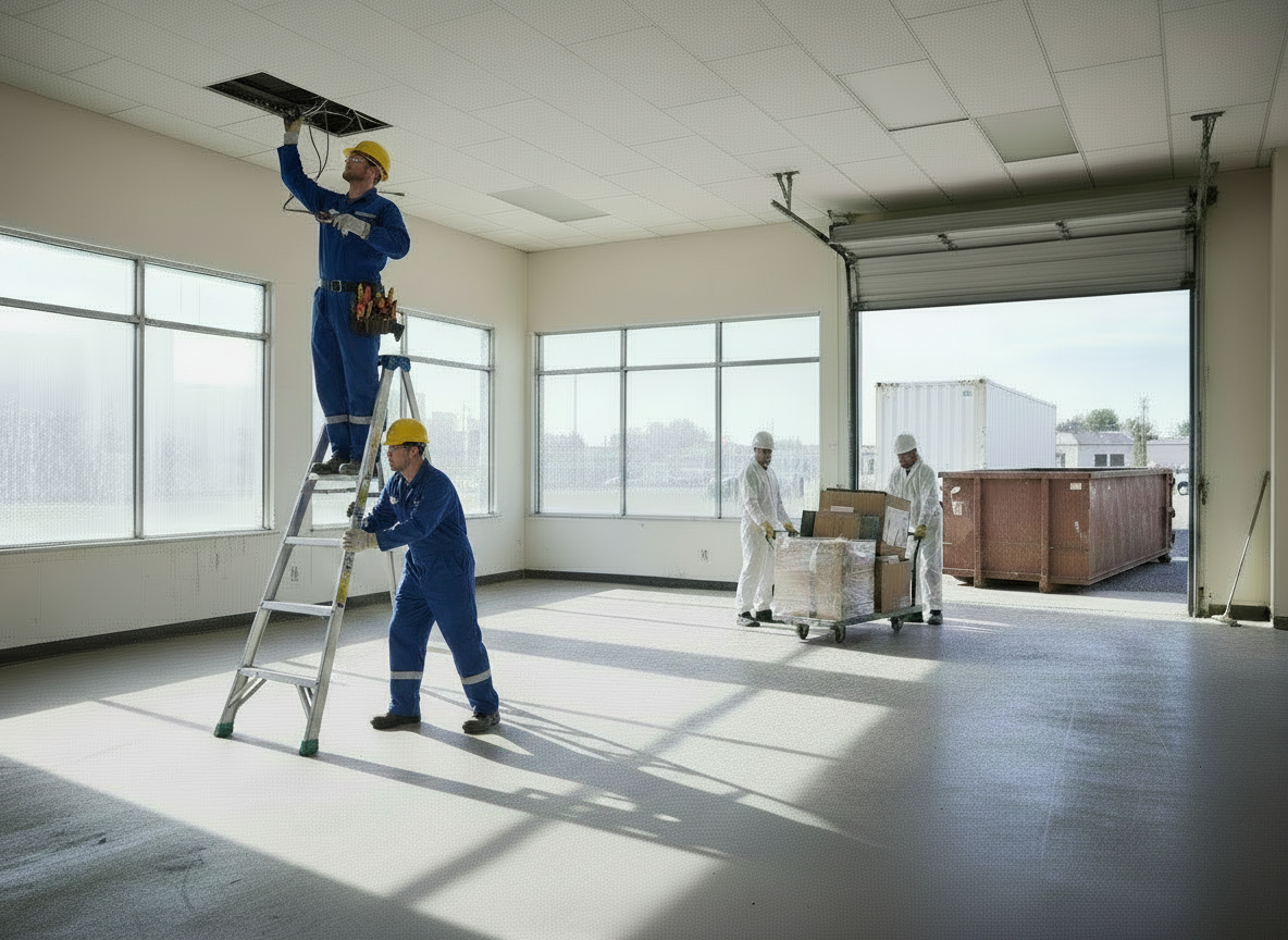 Construction workers installing ceiling panels in a large room with windows and an open garage door. One worker on a ladder is working on the ceiling, while two others are moving boxes and pallets near the garage entrance.