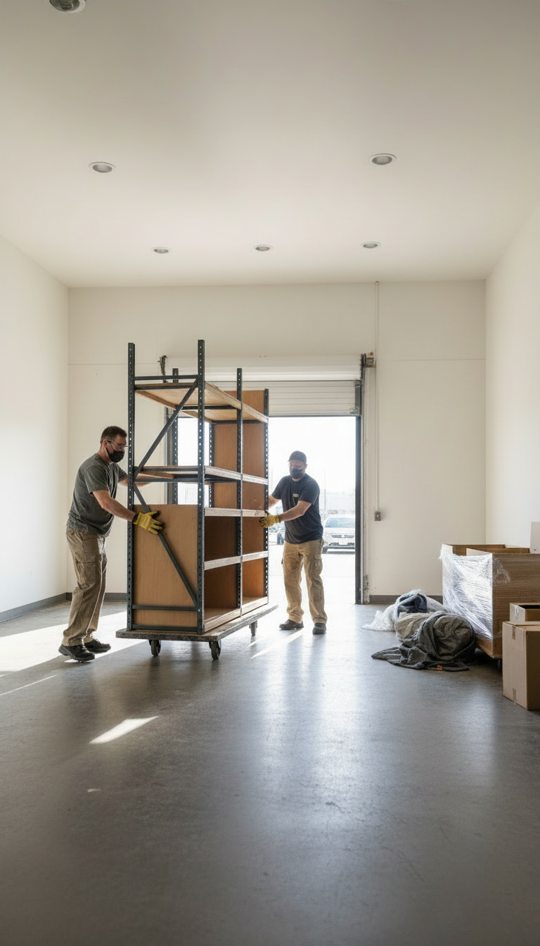 Pentalow Property Services employees loading out large furniture from a retail space