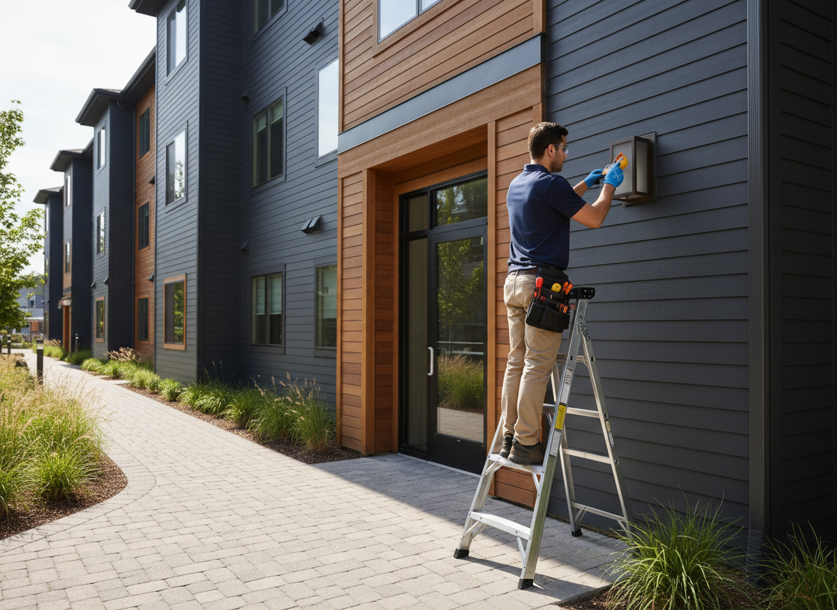 Pentalow Property Services employee fixing an exterior light at an apartment complex