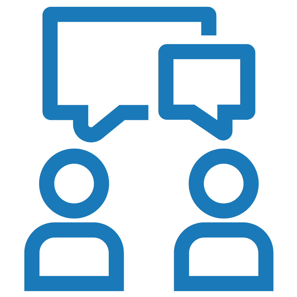 Two human icons with speech bubbles above their heads indicating communication or conversation.