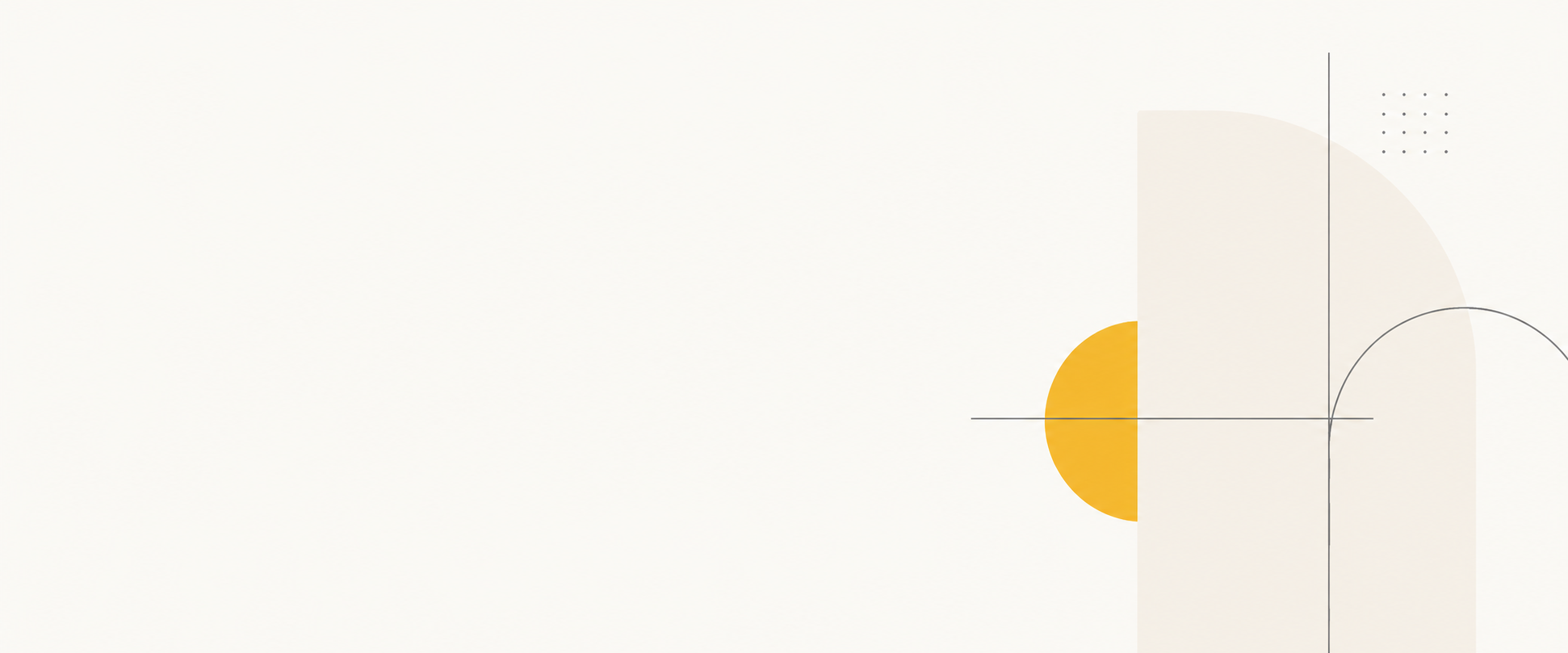 Minimalist abstract geometric design with a quarter circle in yellow, a curved line, and dotted pattern on a cream background.