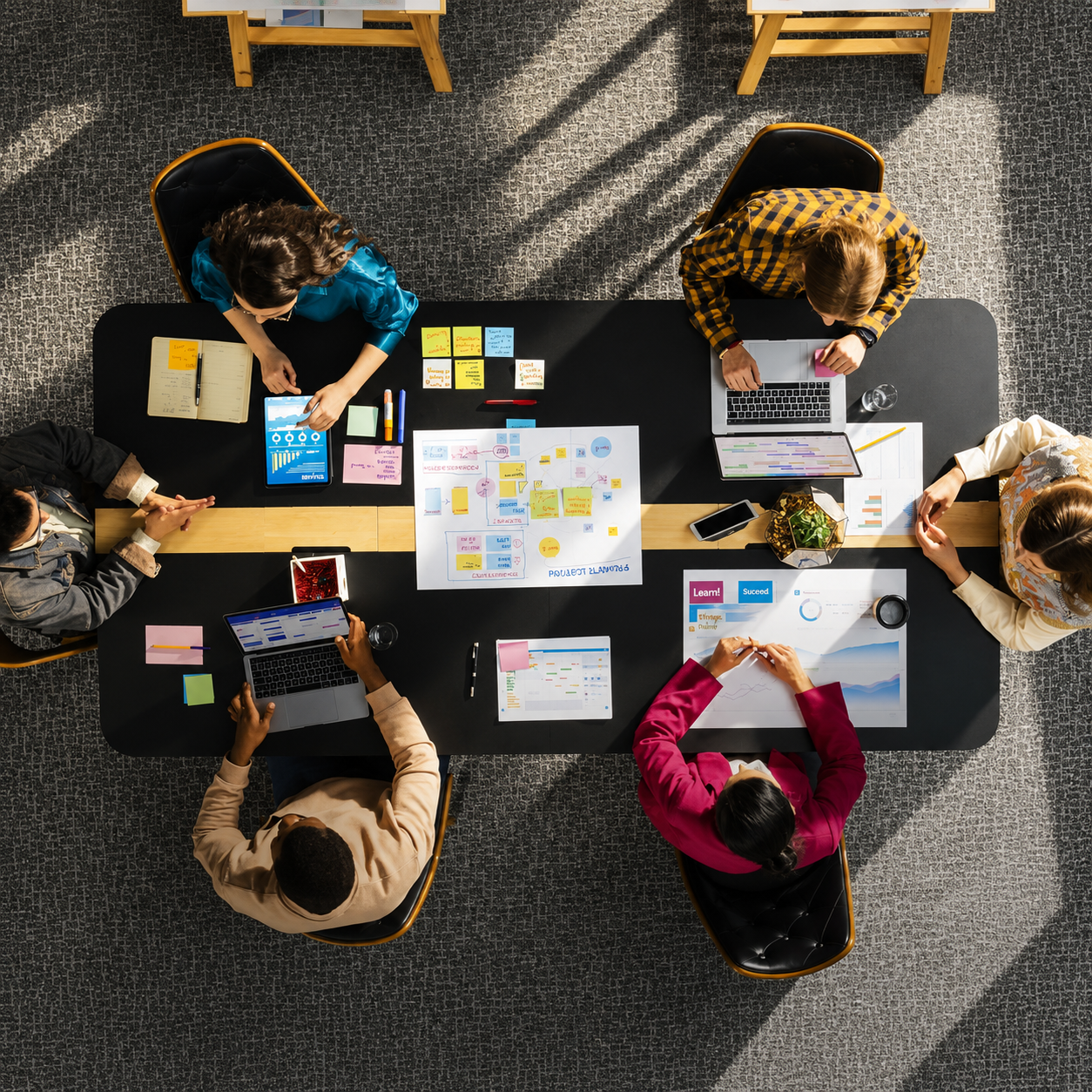 A diverse group of six people sitting around a rectangular table in a meeting, working on laptops, tablets, and documents with charts, graphs, and colored sticky notes, in a modern office setting.