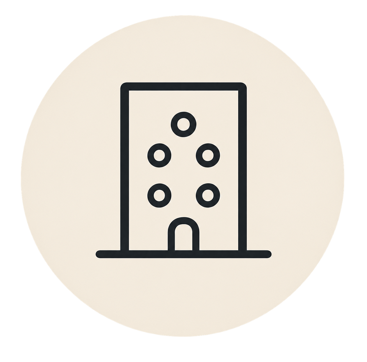Simple black line drawing of a building with six circular windows and one arched door.
