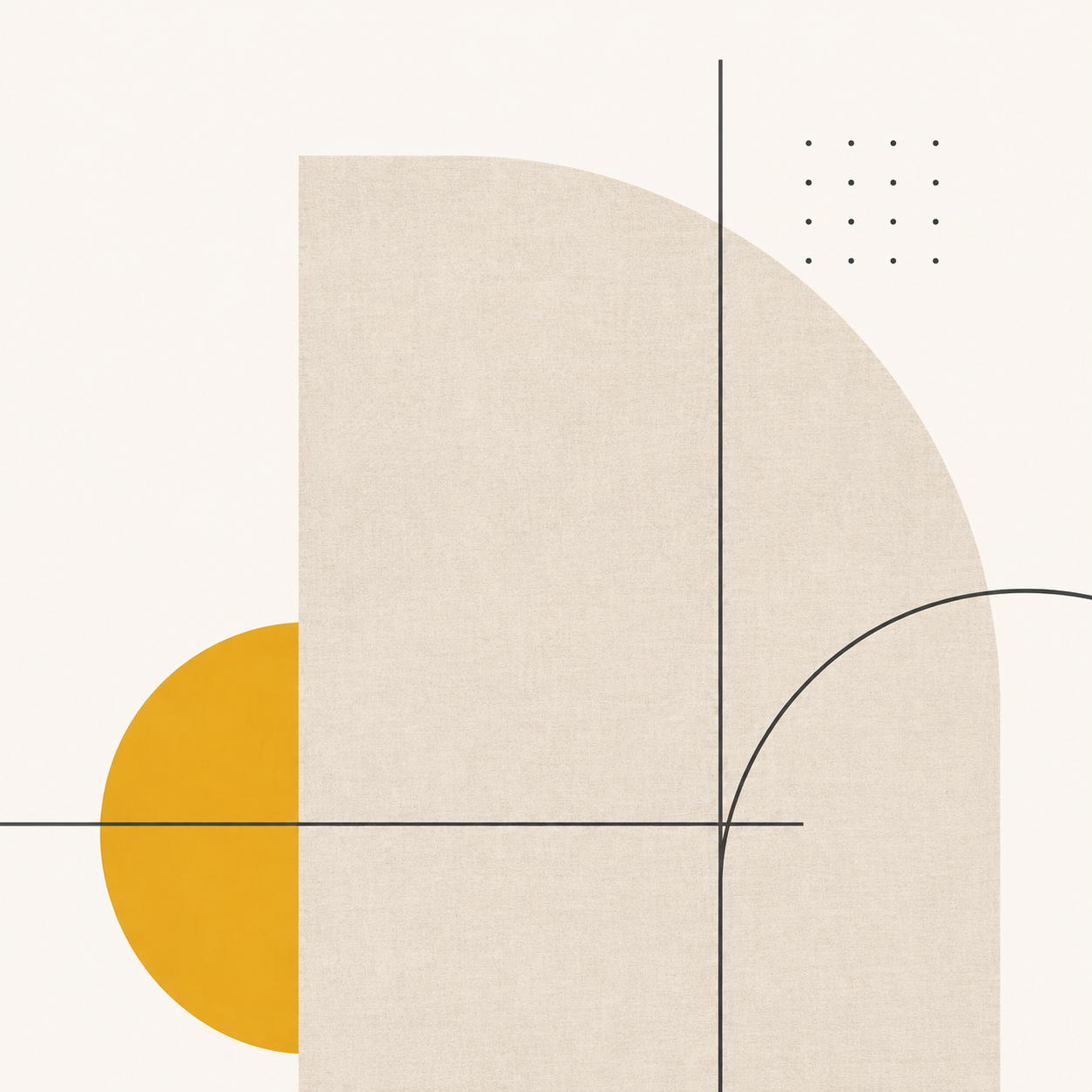 Abstract geometric artwork with a large beige semi-circle, a smaller yellow semi-circle, thin black lines, and dotted patterns on a light background.