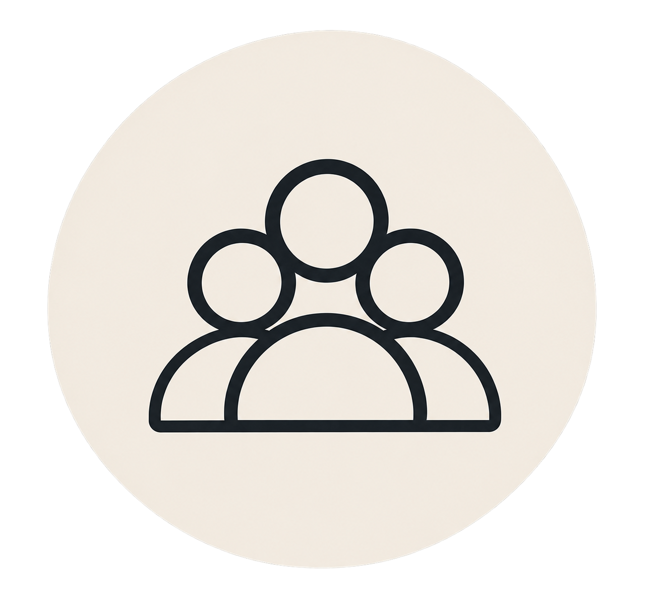 Icon depicting a group of three people with one person in front and two behind.