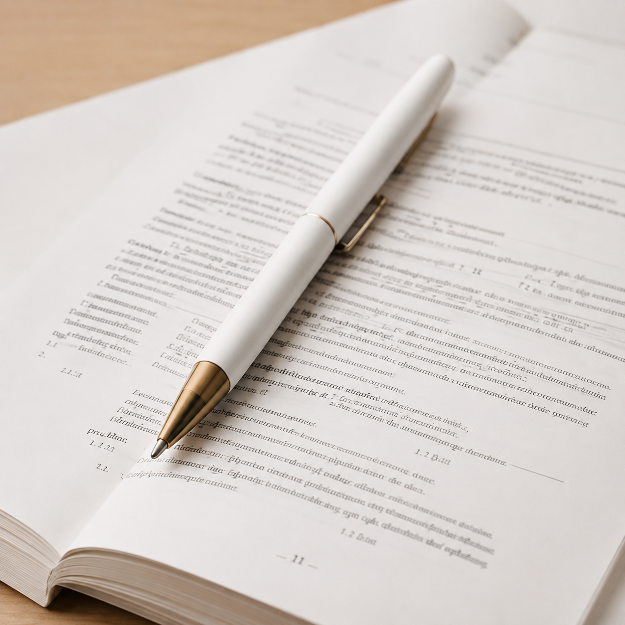 An open book with printed text on cream-colored pages, and a white and gold pen resting diagonally across the center of the pages.