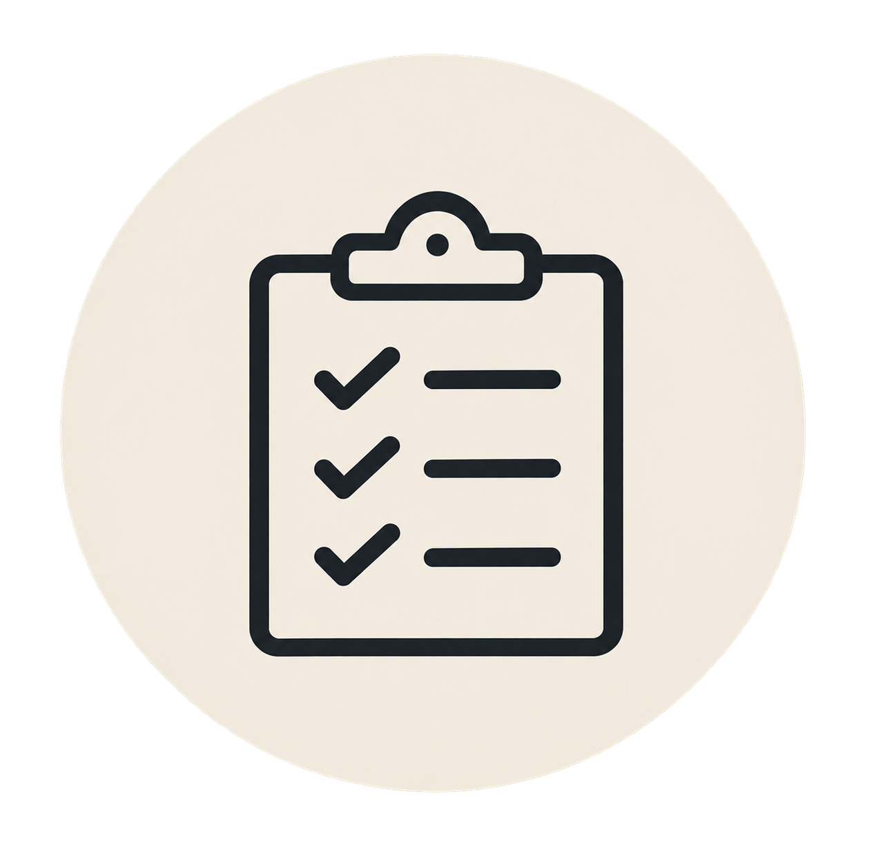 Icon of a clipboard with a checklist showing three checked items.