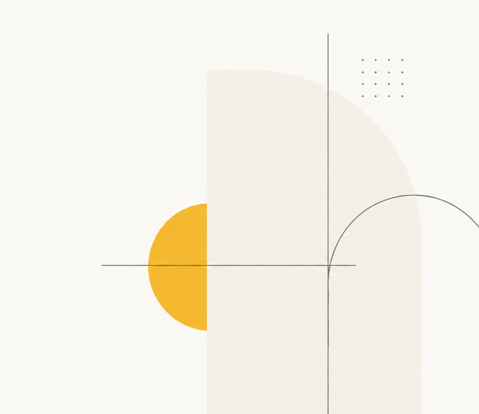 Abstract minimalist geometric artwork with a white background, featuring a yellow semi-circle, black lines, and small dotted patterns.