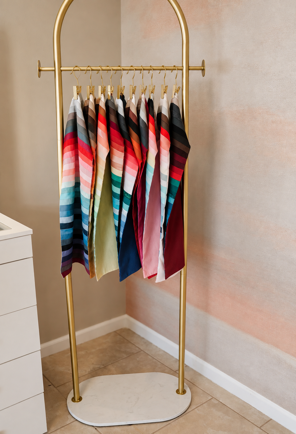 Rack of colorful draping fabrics used for seasonal color analysis sessions and color parties in Santa Cruz
