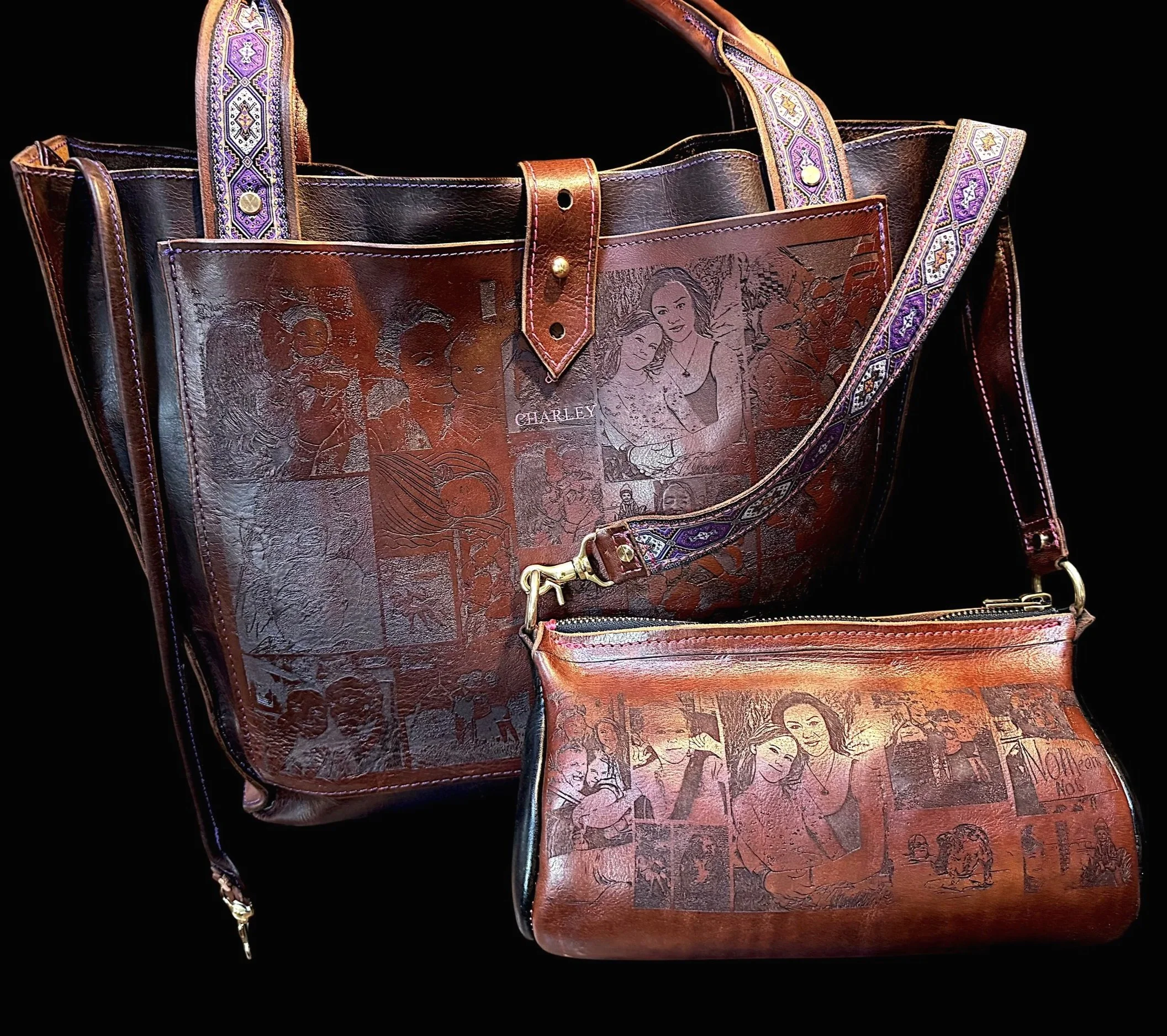 A leather tote bag with colorful illustrated comic strip designs and a strap with a decorative pattern, set against a black background.