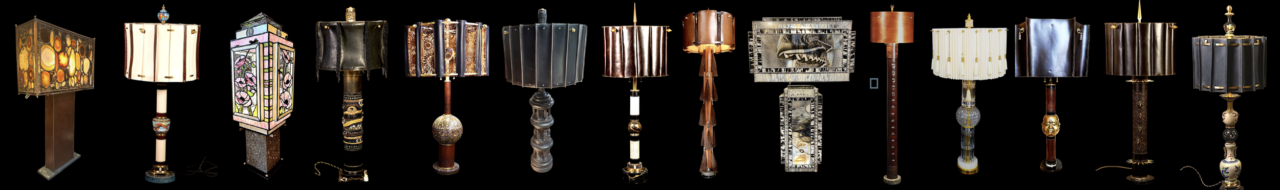 Collection of various table lamps with different designs and shades, displayed against a black background.