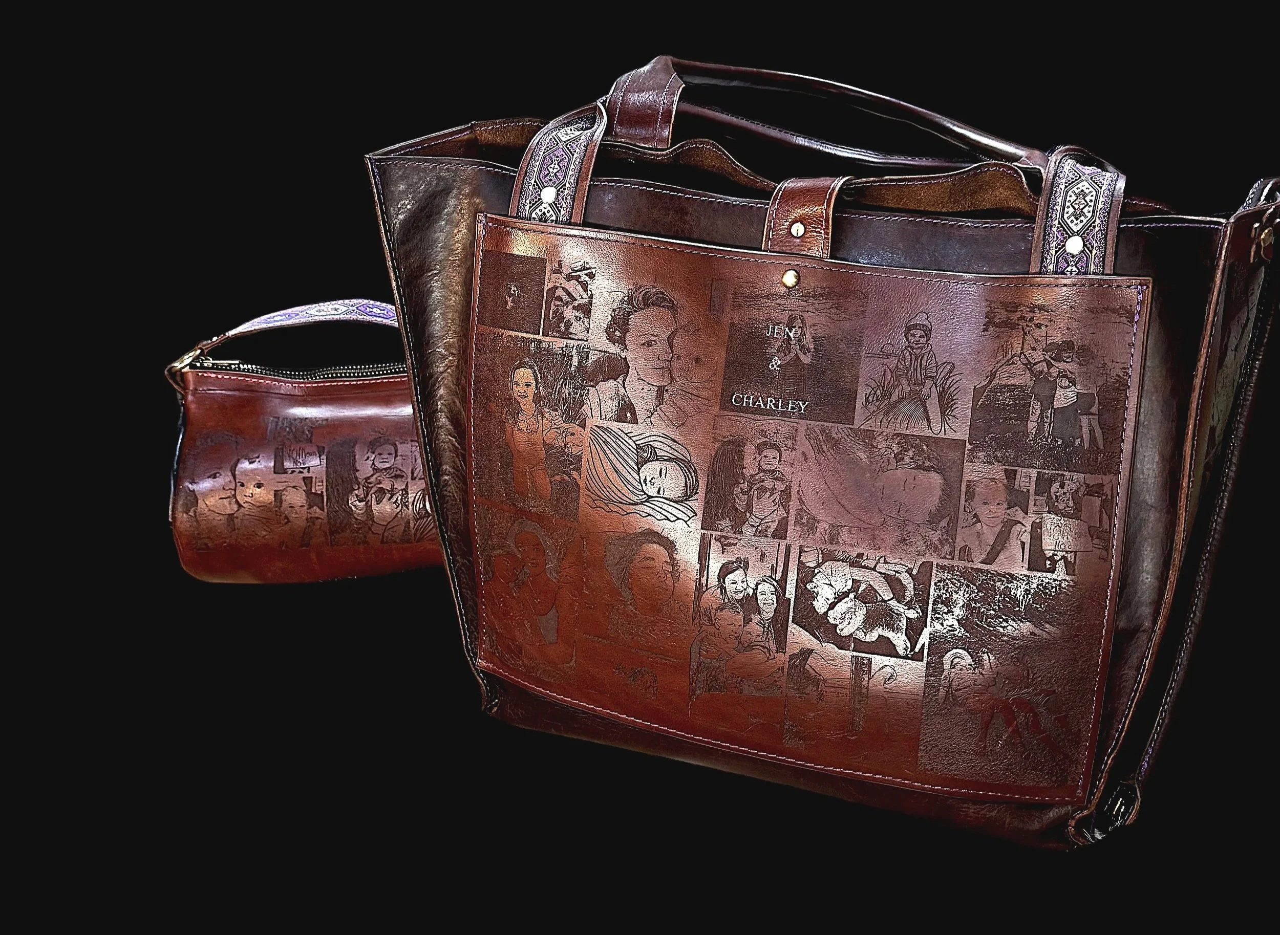 Leather bag with comic or illustration prints in various scenes and characters on the surface, set against a black background.